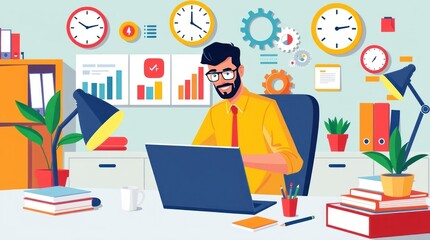 A man working at a desk with charts, plants, and books, illustrating a productive office environment.