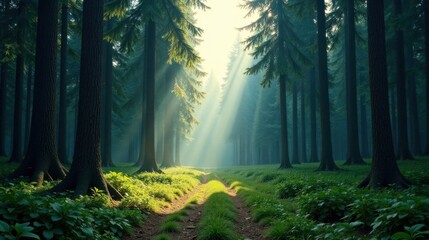 Obraz premium Sunbeams Illuminate a Mystical Forest Path Through Tall Evergreens and Lush Undergrowth