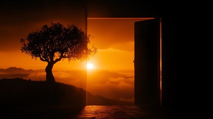 Open door revealing sunset, tree, and mountains.