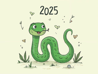 Naklejka premium calendar cover with cute green drawn snake with the text 2025