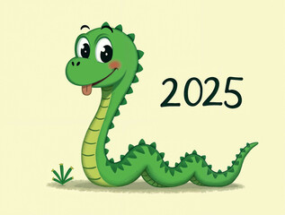 Fototapeta premium calendar cover with cute green drawn snake with the text 2025