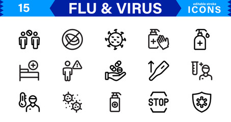 Customizable Flu & Virus Icons. Scalable Line Art Designs for Medical, Education, and Public Health Projects