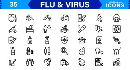 Customizable Flu & Virus Icons. Scalable Line Art Designs for Medical, Education, and Public Health Projects