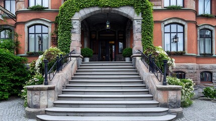 Fototapeta premium Grand Entrance of a Historic Building with Stone Steps and Lush Greenery