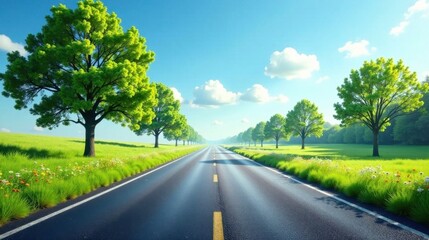Fototapeta premium Asphalt road lined with lush green trees, vibrant wildflowers, and a clear blue sky; a picturesque summer journey awaits