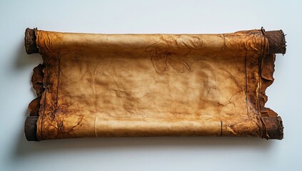 Aged parchment scroll, rolled, blank, isolated on white background.