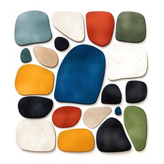 A vibrant and modern arrangement of irregular, ceramic tiles in various colors, creating a mosaic-like pattern.