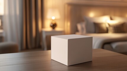 Small white box mockup in a luxury bedroom setting with warm ambient light