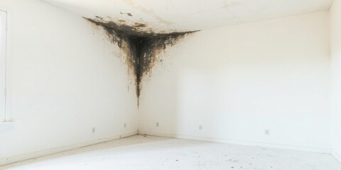 A Corner Room with Extensive Water Damage and Mold Growth on the Ceiling and Walls Requiring Immediate Remediation