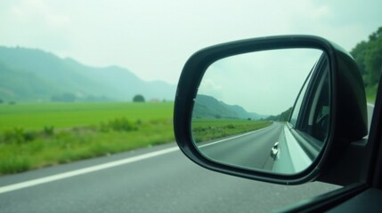 Scenic Road Trip Reflected in Car Side Mirror Showing Rolling Green Hills and Asphalt Highway