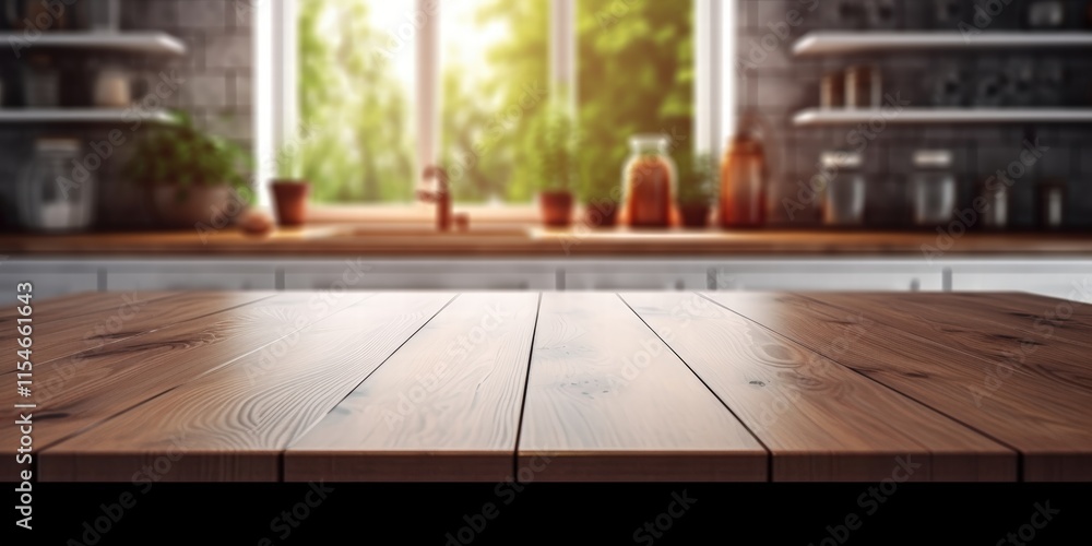Aufkleber empty wooden table with kitchen background and natural light streaming through window creating a war