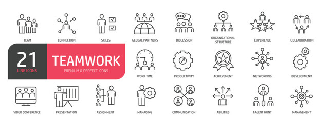 Set of line icons related to teamwork, networking, management, organization. Outline icons collection. Editable stroke. Vector illustration.