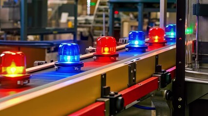 A conveyor belt with components flashing green blue and red indicators alerting nearby operators to specific machines that require immediate maintenance attention.