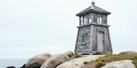 A weathered wooden coastal lookout tower stands solitary on a rocky outcrop overlooking the calm ocean under a pale sky