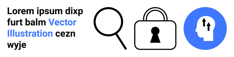 Magnifying glass, lock with keyhole, and human head silhouette with arrows inside. Placeholder text. Ideal for cybersecurity, privacy, analysis, research, data protection mental growth and landing