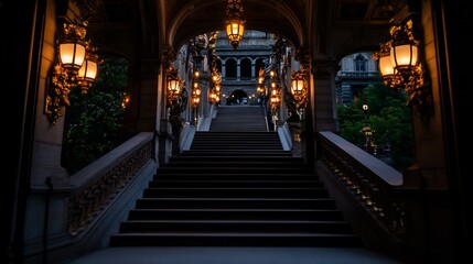 Fototapeta premium Grand Staircase at Dusk: Illuminated Pathway to Opulence