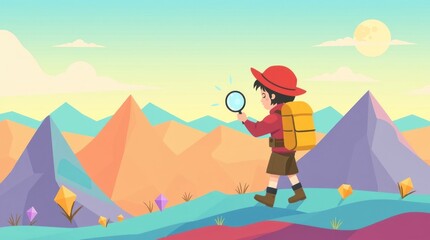 A child explorer with a magnifying glass traverses a colorful mountain landscape.