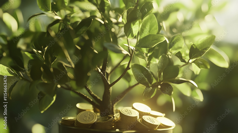 Poster growing wealth with a coin-covered tree in a sunlit setting.