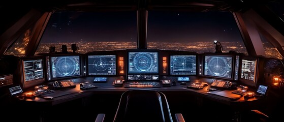 Night flight deck with city view.