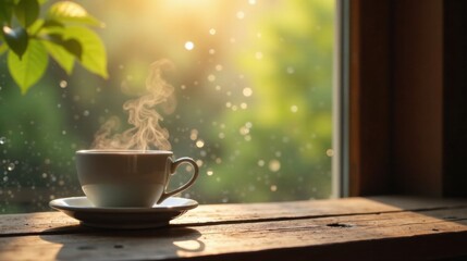 Aromatic Steam Rising from a Warm Mug Placed on Rustic Wood near a Window with a Blurred, Lush Green Garden View in Soft Sunlight