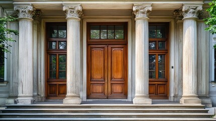 Obraz premium Grand Entrance: Classical Architecture and Wooden Doors