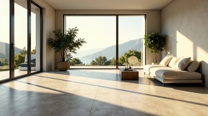 Serene Minimalist Living Room with Panoramic Mountain View and Sunlight Streaming Through Large Windows