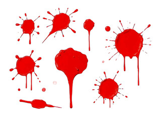 abstract red color splash set isolated on white background. Red paint splashes on PNG transparent background 