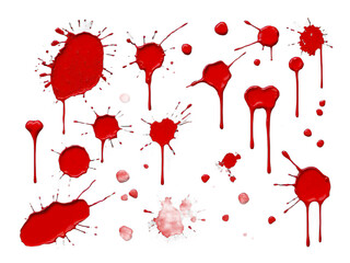 abstract red color splash set isolated on white background. Red paint splashes on PNG transparent background 