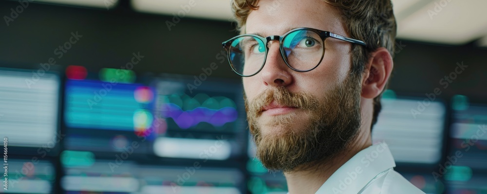 Poster a focused professional with glasses looks intently in a high-tech environment, suggesting analytics 