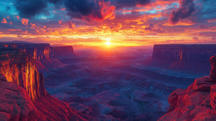 Fototapeta premium A stunning view of a canyon at sunset, with vibrant colors illuminating the rock formations,