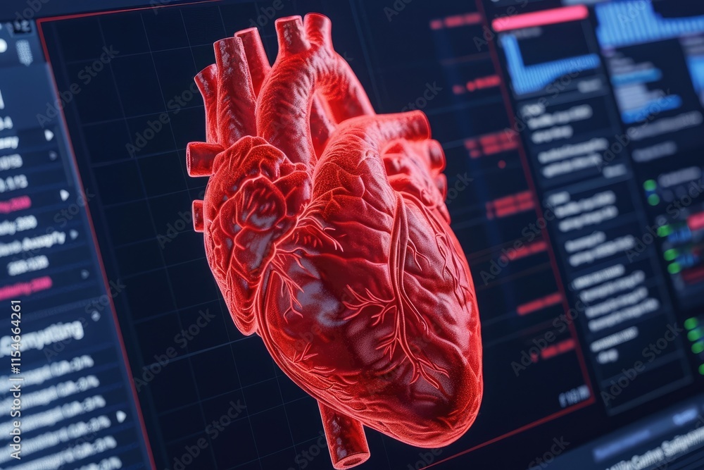 Poster a digital rendering of a human heart with a high-tech interface displaying health data and analytics