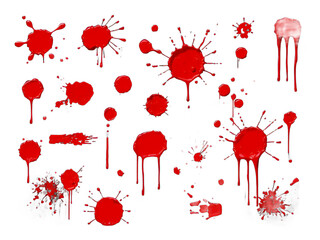 abstract red color splash set isolated on white background. Red paint splashes on PNG transparent background 