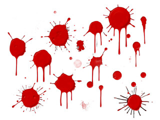 abstract red color splash set isolated on white background. Red paint splashes on PNG transparent background 