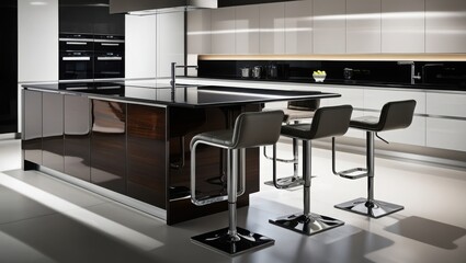 Modern Dark Wood Kitchen Island With Bar Stools
