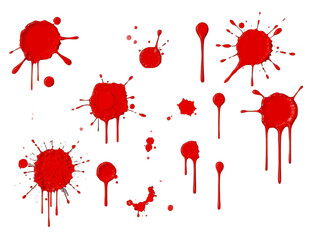 abstract red color splash set isolated on white background. Red paint splashes on PNG transparent background 