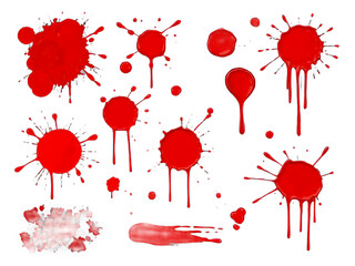 abstract red color splash set isolated on white background. Red paint splashes on PNG transparent background 