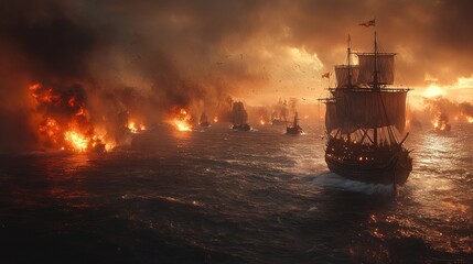 Obraz premium A dramatic maritime scene with burning ships and a sunset backdrop.