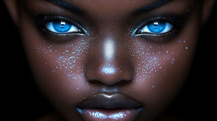 Close-up portrait of a woman with striking blue eyes and glowing freckles.