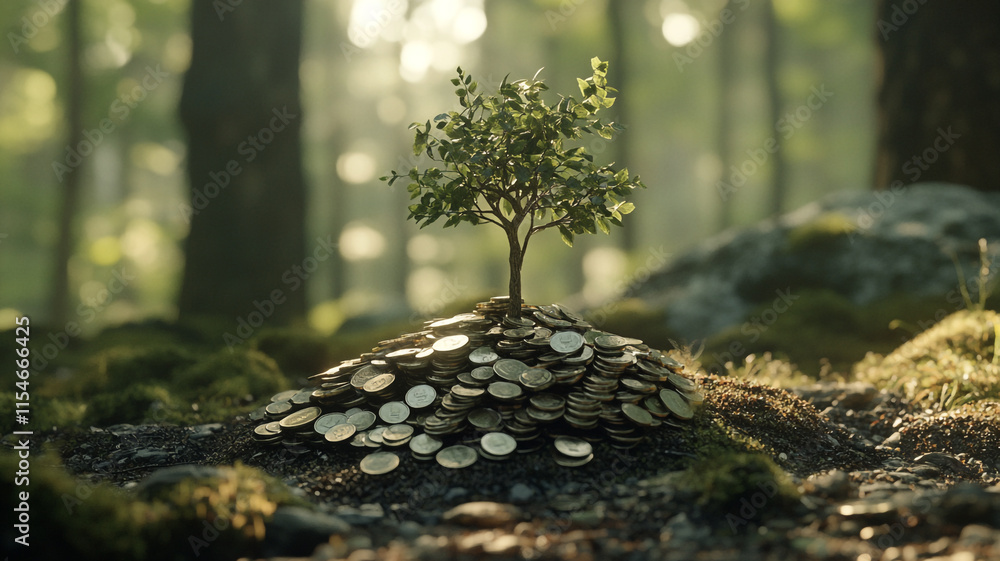 Poster growing prosperity in a forest with coins and a small tree in sunlight.