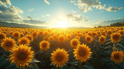 Fototapeta premium A stunning view of a sunflower field under a bright summer sun, creating a cheerful scene,