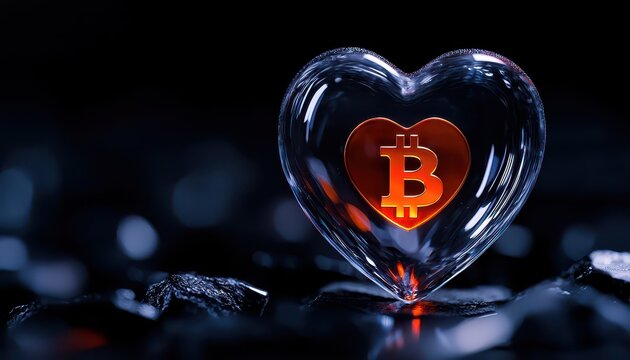 A glowing Bitcoin symbol encased in a heart-shaped crystal, symbolizing love for crypto.