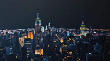 Obraz premium Night skyline of a city featuring illuminated skyscrapers and iconic towers.