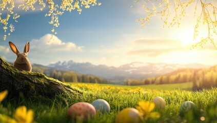 Fototapeta premium An enchanting Easter scene beautifully unfolds, showcasing an adorable bunny surrounded by colorful eggs in a vibrant meadow, all warmly illuminated by the gentle glow of the sunrise