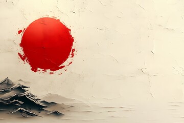 Abstract Red Sun Rising Over Mountainscape Artwork