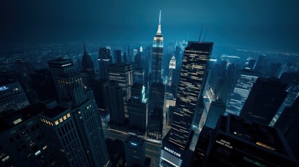 Aerial view of a city skyline at night, showcasing illuminated skyscrapers and urban landscape.