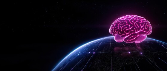 Fototapeta premium A vibrant digital brain floating above a futuristic globe representing technology and knowledge.