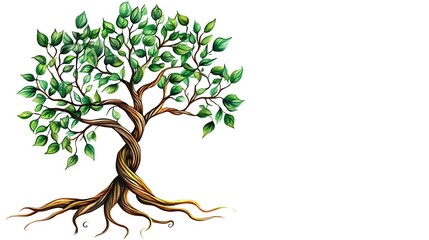 Twisted tree with lush green leaves and intricate roots isolated on white.