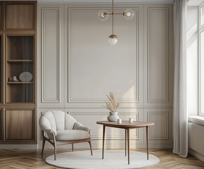 Aesthetic elegant minimalist modern interior design. Clear mock up empty wall for decoration in the apartment. Copy space in the room. Neutral palette of natural colors.