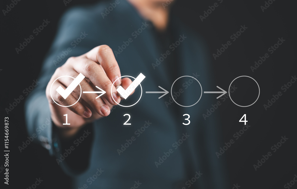 Poster Businessman touching to tick correct mark in checklist to remind work task progressive for project develop management and tracking concept.