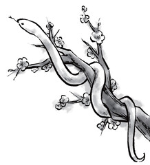 蛇の水墨画イラスト　モノクロ　巳年　ヘビ　年賀状	